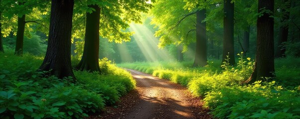Obraz premium Sun-dappled forest path winding through lush green foliage, sunlight filtering through leaves, creating a magical atmosphere Perfect for nature, travel, and adventure themes , woods, trees, travel