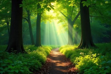Obraz premium Sun-dappled forest path winds through lush green canopy, sunlight filtering through leaves, creating a magical atmosphere Perfect for nature, travel, or fantasy themes , ecology, shadow