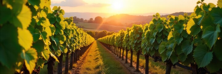 Naklejka premium Sun-Drenched Autumn Vineyard Rolling Hills, Ripe Grapes Ready for Harvest