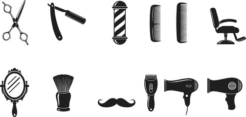 Barber shop vector icons set with scissors, razor, barber pole, combs, chair, mirror, clippers, hair dryer, grooming tools