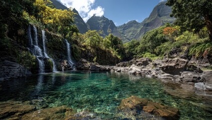Obraz premium Serene waterfall cascading into a crystal-clear pool nestled within a lush, mountainous tropical valley under a bright, partly cloudy sky