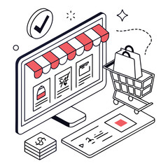 Isometric illustration of online shopping experience with computer shopping cart bags and money