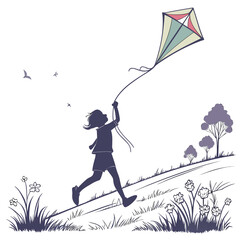Joyful child silhouette running uphill flying a colorful kite on a sunny day with birds and flowers
