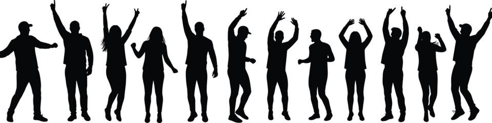 Silhouettes of dancing men and women celebrating, party people raising hands, joyful movement, club dance, music festival crowd vector illustration