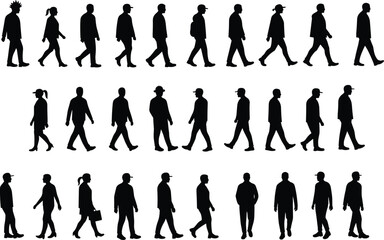 Silhouette of diverse people walking in different poses, black vector illustration, modern urban crowd design, business, casual, lifestyle, fashion, isolated