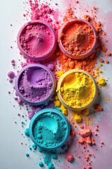 Pastel Powder Color Explosion Vibrant Hues Spill from Containers, Creating a Textured Background Ideal for Craft, Art, Beauty, and Cosmetic Projects