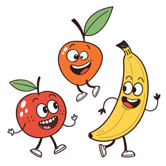 Happy cartoon apple orange and banana characters dancing together on a white background