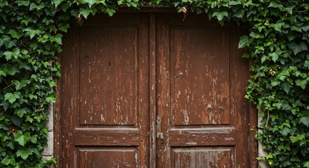 Aged wooden door covered in vines