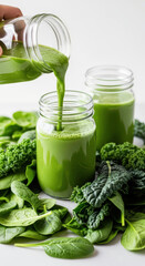 Detox green smoothie being poured into a mason jar, surrounded by spinach and kale, healthy eating concept