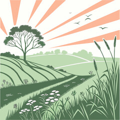 Obraz premium Stylized illustration of a rolling green landscape with a lone tree under a rising sun and flying birds