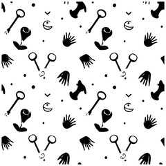 Naklejka premium Whimsical black and white pattern of keys, roses, hands, moon phases, and abstract icons scattered