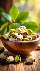 A wooden bowl brimming with pistachios, showcasing their light beige shells and vibrant green interiors, sits on a rustic wooden surface, bathed in natural light.