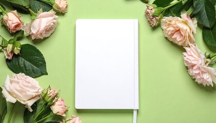 Blank Journal Surrounded By Delicate Roses On Pastel Green Background