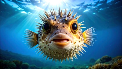 Close-up view of a playful porcupinefish, showcasing its curious expression and spiny exterior in a vibrant underwater scene.