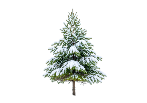Isolated evergreen tree covered in a thick layer of snow against a black background.