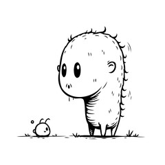 Whimsical encounter between a gentle giant and a curious little friend in monochrome illustration