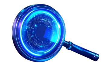  Futuristic Blue-Tinted Magnifying Glass Icon with Digital Glow, Transparent PNG