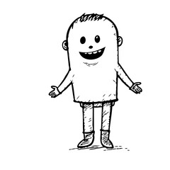 Whimsical hand drawn cartoon character with simple features radiating happiness and embracing open