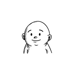 Whimsical hand-drawn illustration of a cheerful bald character radiating positivity and playful