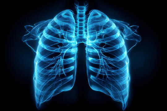 Anatomy of a human chest, showcasing the rib cage and sternum in a translucent, glowing blue rendering.