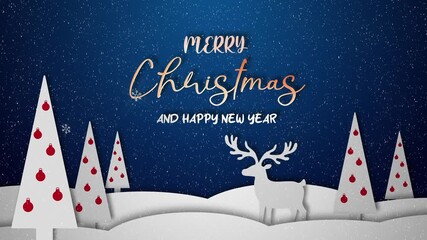 Animated video of sparkling snowflakes falling. Night sky background Snowy hills, deer Christmas trees appearing. Winter holiday scene. Merry Christmas and happy New Year text
