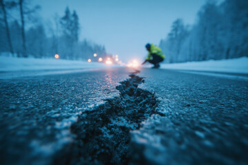 Road damage assessment in winter scene with inspector examining crack on icy road surface, cars in background.