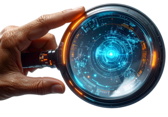 Minimalist Hand Holding Futuristic Digital Magnifying Glass, Transparent Background