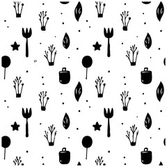 Whimsical monochrome garden party seamless pattern featuring stylized forks stars foliage and