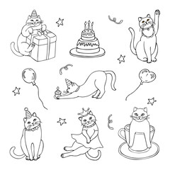 Fototapeta premium A set of doodle drawings of cats at a birthday party, hand-drawn in a cartoon style.