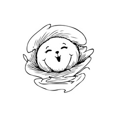 Whimsical round creature amidst petal-like structures evoking happiness in a unique artistic