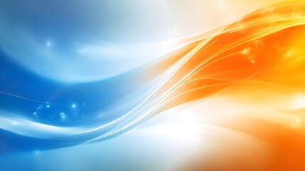 Abstract flowing waves of blue and orange light with glowing particles