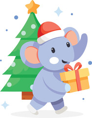 Cute elephant in santa hat carrying christmas gift by tree