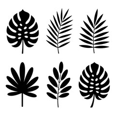 Stylized Tropical Leaf Line Art Set:  Elegant Pink & White Outline Illustrations on Black Background, Perfect for Design Projects.
