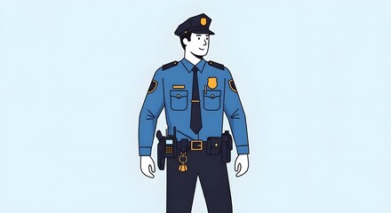 Illustration of a uniformed police officer in a professional and respectful stance, on a light blue background