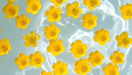 Delicate yellow blossoms, perfectly arranged, float serenely on a light blue surface of water, showcasing the beauty of nature's artistry.