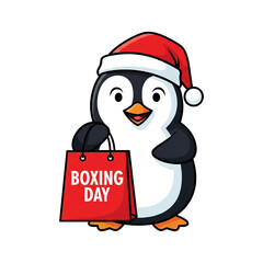 Boxing Day | Cheerful penguin with santa hat holding red boxing day shopping bag on a white background