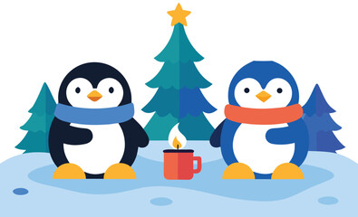 Cute penguins enjoying a winter scene with a candle and christmas trees