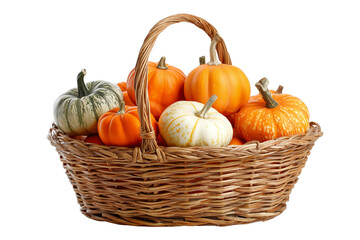 Woven basket filled with assorted colorful pumpkins and gourds isolated on a transparent background harvest