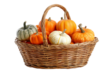 Woven basket filled with assorted colorful pumpkins and gourds isolated on a transparent background harvest