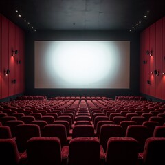 Fototapeta premium Empty movie theater with burgundy seats in dramatic style with dark red colors representing cinematic anticipation