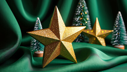 Obraz premium Elegant Christmas Decoration with Golden Stars and Miniature Christmas Trees on Lush Green Satin Fabric Backdrop for Festive Holiday Season