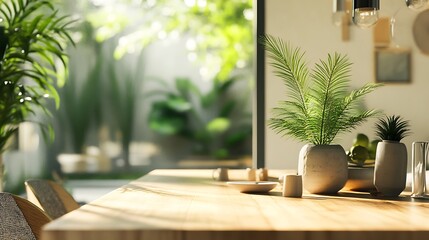 Bright modern dining room with large windows and lush green plants