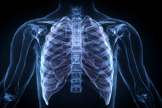 Glowing, transparent human torso with ribs and shoulder bones. Medical or educational illustration. - Powered by Adobe