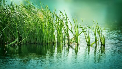 Fototapeta premium Reeds Or Grass In The Water Of A Lake Green Shallow Depth Of Field