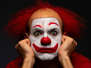 An expressive clown with red hair and dramatic makeup holds his face in his hands in a theatrical portrait. AI generated.