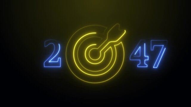 Abstract glowing neon 2047 in the form of numbers and darts instruments on a red background.Business targets refer to specific, measurable goals or objectives that a company sets to achieve 