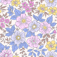 Vintage seamless floral pattern. Liberty style background of small pastel colorful flowers. Small flowers scattered over a white background. Stock vector for printing on surfaces. Easter flowers. 
