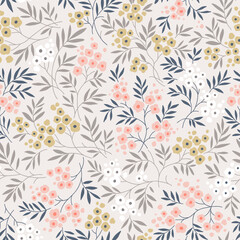 Cute floral background. Floral pattern with small coral white and yellow hand drawn flowers on a ecru background. Seamless pattern for design and fashion prints. Ditsy style. Stock vector illustration