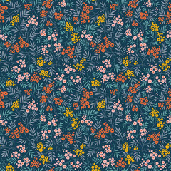 Seamless floral pattern, liberty ditsy print with rustic motif. Beautiful vintage design for fabric, paper: hand drawn plants, small flowers, tiny leaves on dark blue background. Stock vector print
