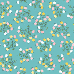 Seamless floral pattern, cute liberty ditsy print with mini hand drawn flowers in baby motif. Pretty botanical design collection small flowers, tiny leaves in pastel colors. Vector illustration. Stock